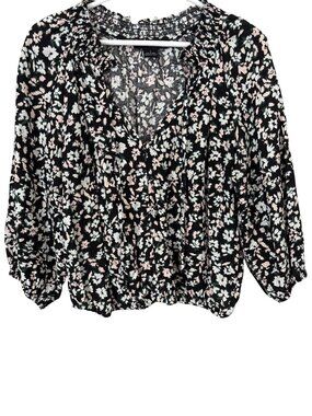 Sanctuary Blouse Size Small Floral Faux Wrap 3/4 Sleeve Elastic Waist Black Boho